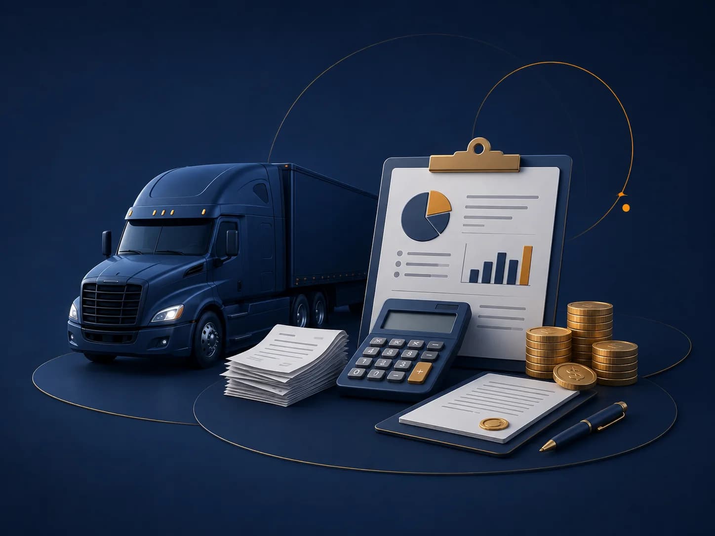 Trucking business owner reviewing accounting and tax documents.