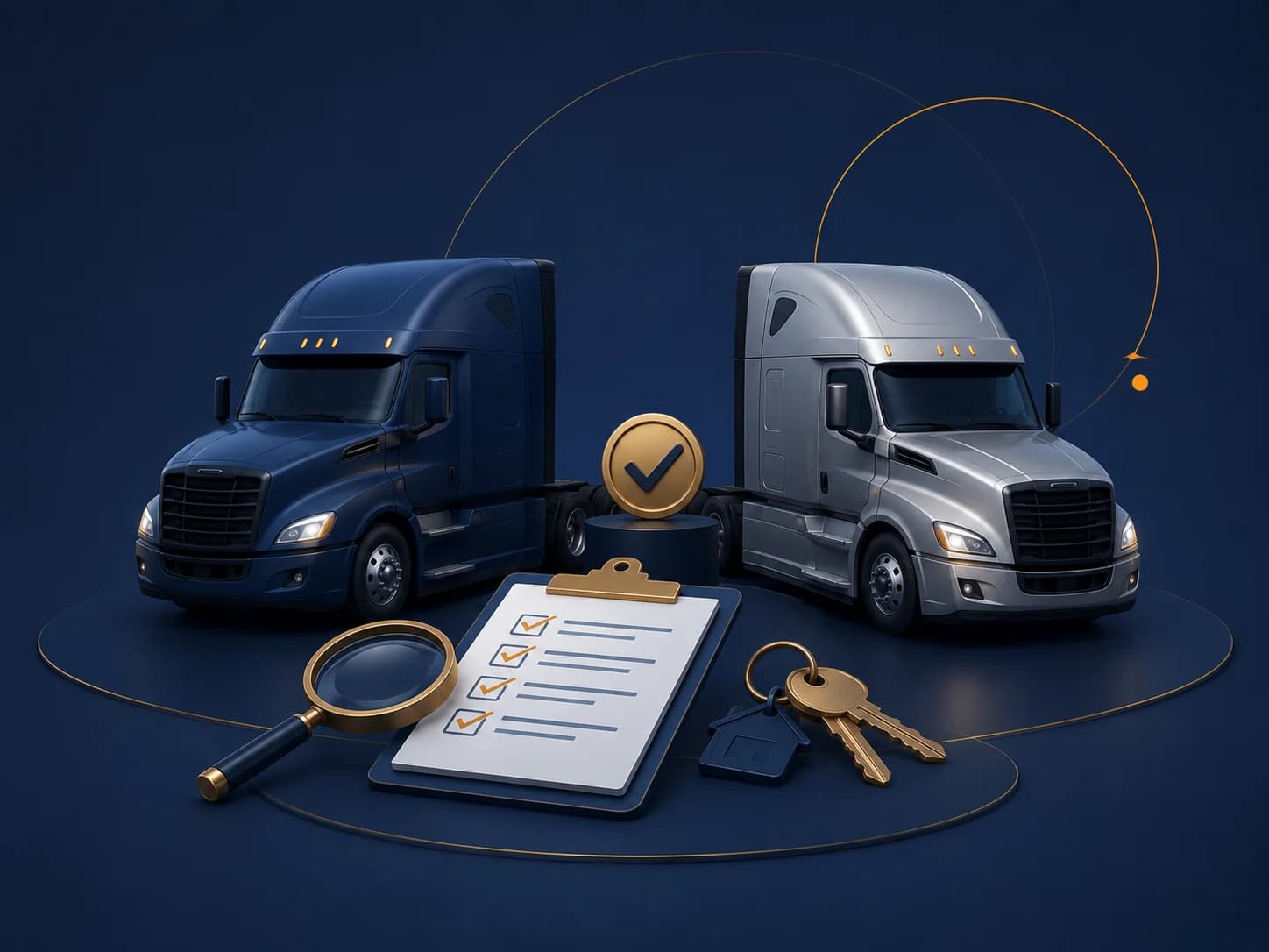Driver comparing new and used commercial trucks before purchase.