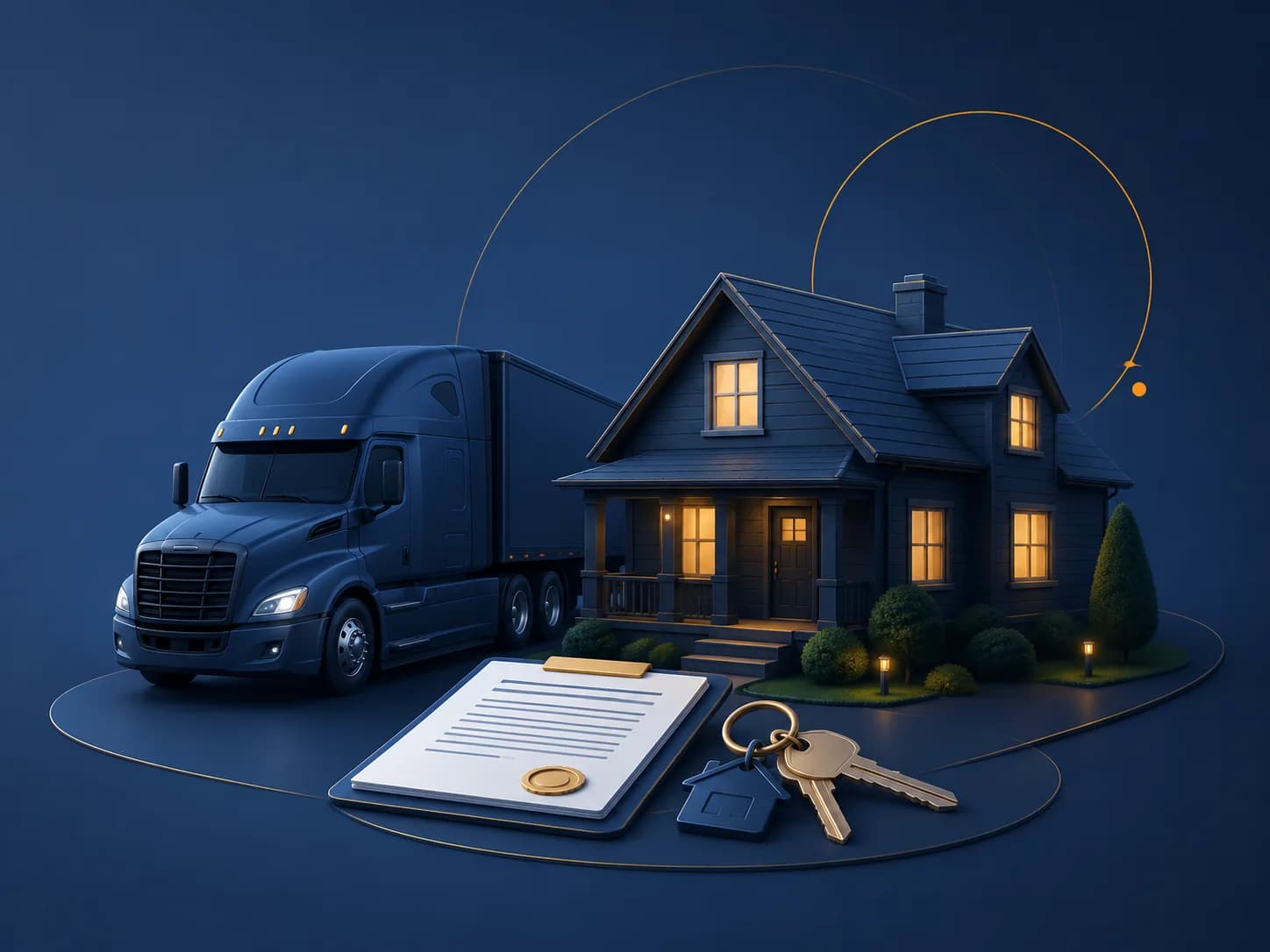 Truck driver or owner-operator reviewing home and mortgage documents.