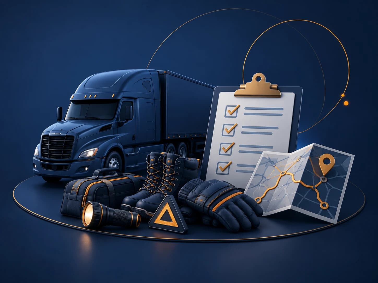 New driver essentials including a truck, winter gear, checklist, and trip map.