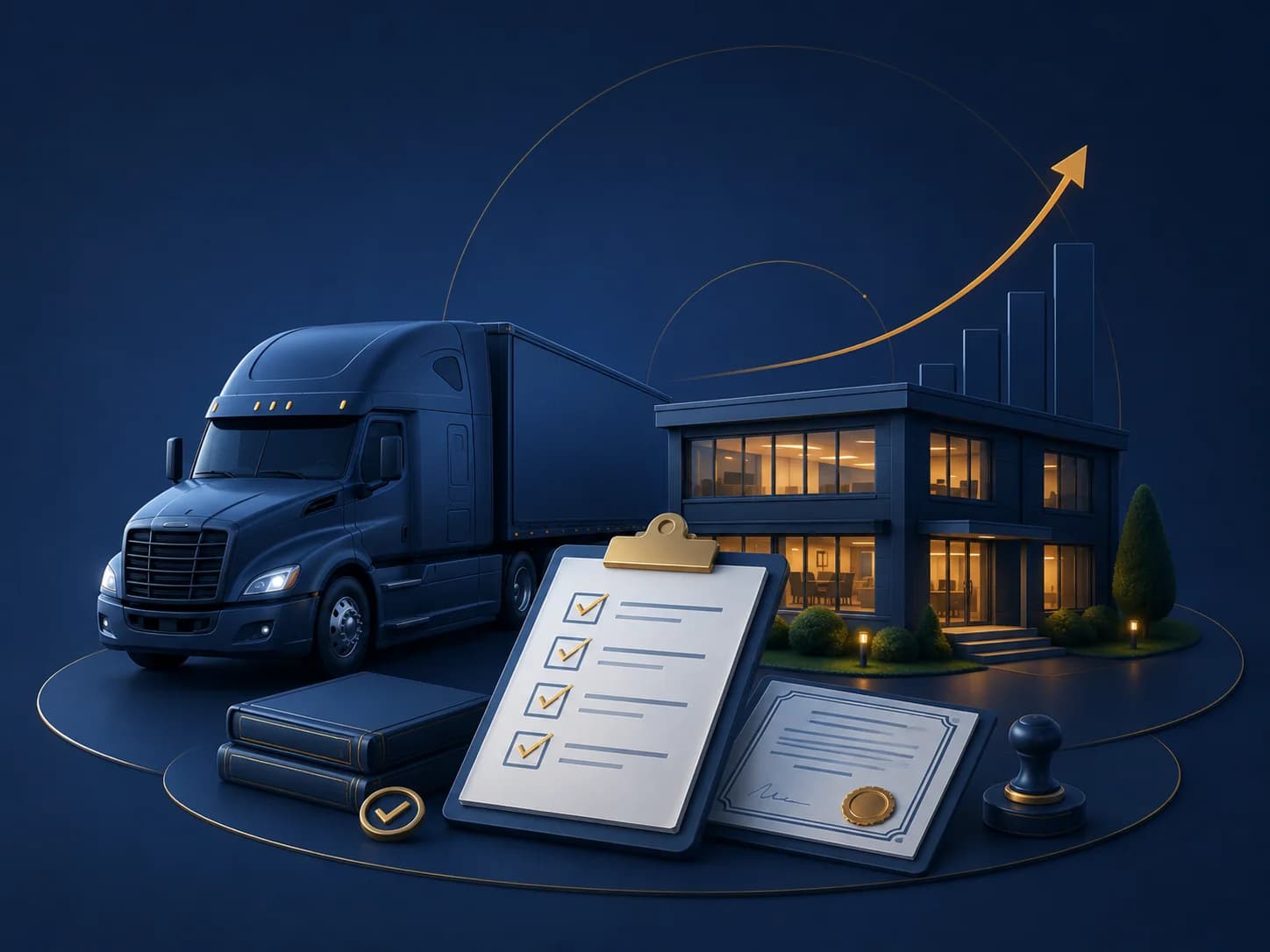 New trucking business owner planning company setup beside commercial trucks.